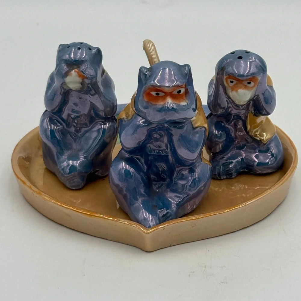Vintage Three Wise Monkeys Lusterware Salt Pepper Mustard Set Japan Blue Gold